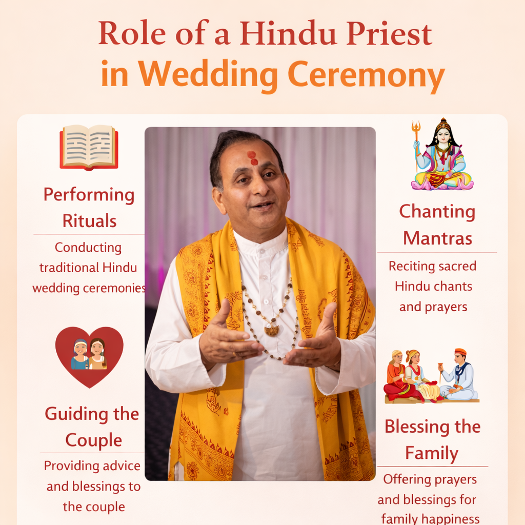 Best Hindu wedding priest London performing mandap ceremony with bride and groom under decorated canopy