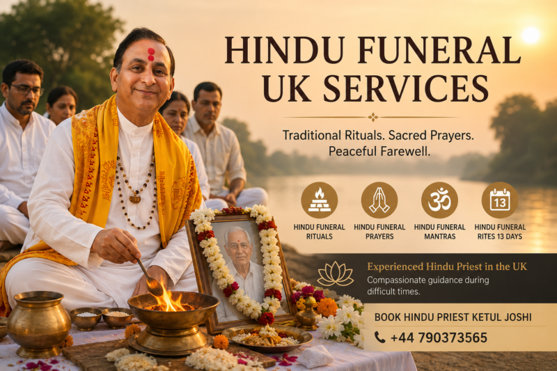 Hindu priest performing Hindu funeral rituals and prayers during a Hindu Funeral UK ceremony