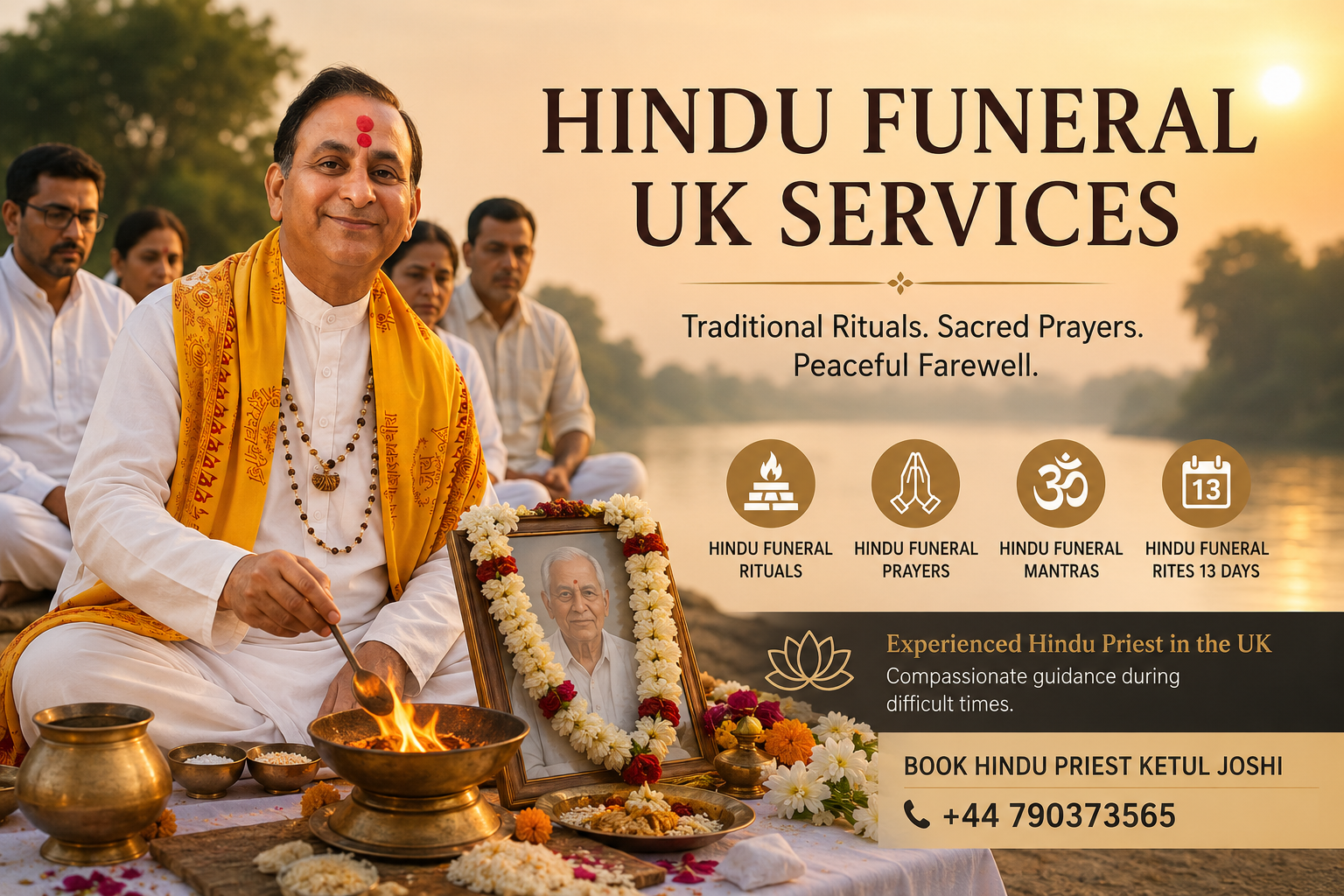 Hindu priest performing Hindu funeral rituals and prayers during a Hindu Funeral UK ceremony