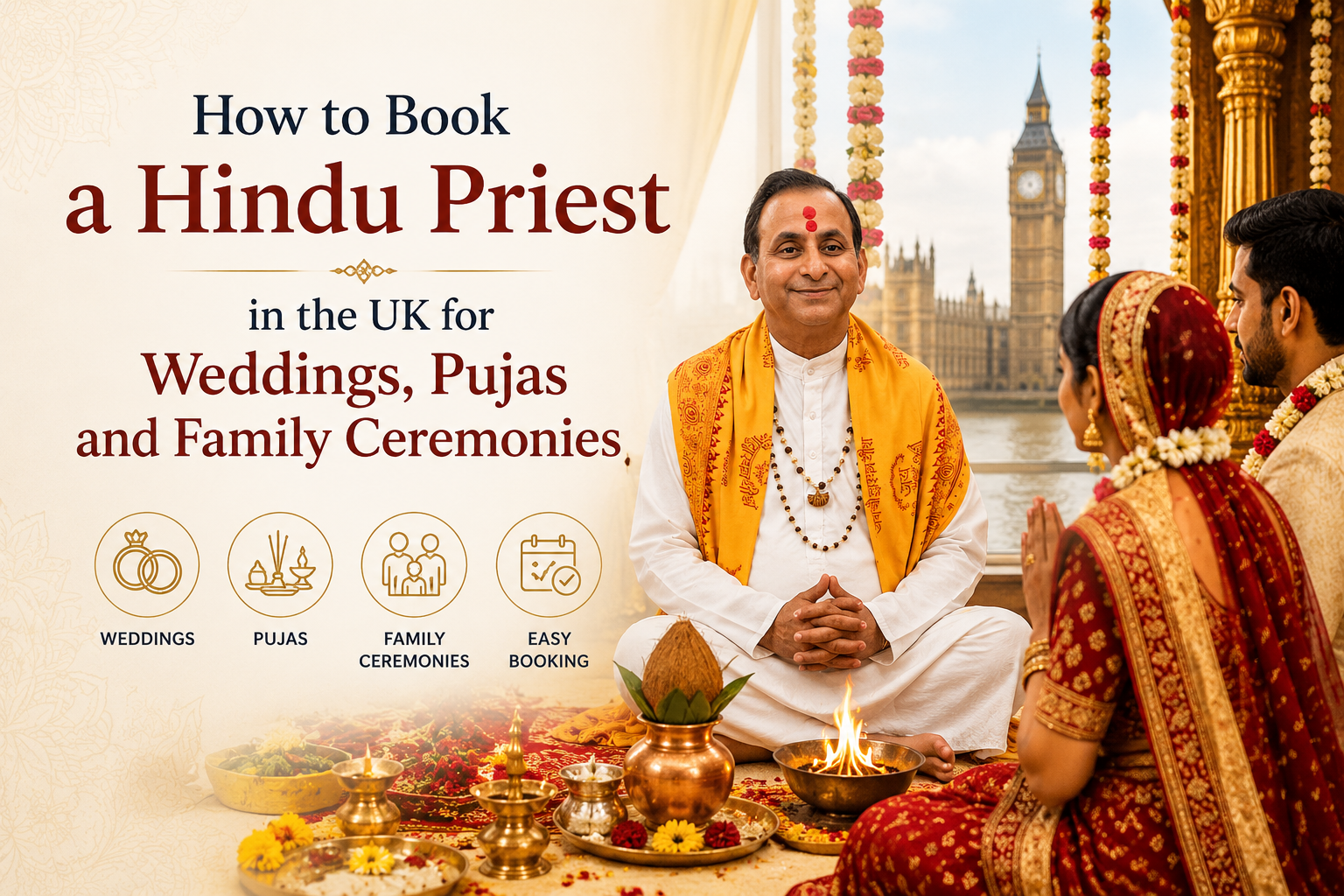 Hindu Priest Ketul Joshi performing a traditional Hindu wedding ceremony in the UK, with a bride and groom seated before the sacred fire, featuring the London skyline and Big Ben in the background.