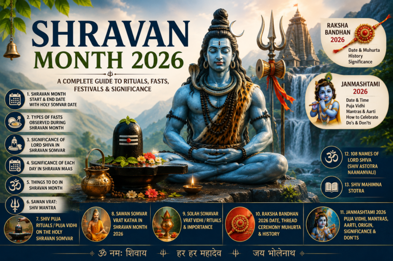Shravan Month 2026 guide featuring Lord Shiva, Shravan Somvar Vrat, Raksha Bandhan, Janmashtami, Shiv Puja rituals, and important Hindu festivals.